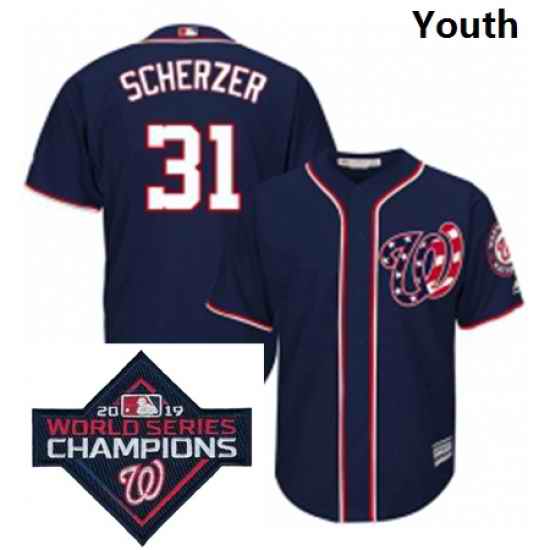 Youth Majestic Washington Nationals 31 Max Scherzer Navy Blue Alternate 2 Cool Base MLB Stitched 2019 World Series Champions Patch Jersey